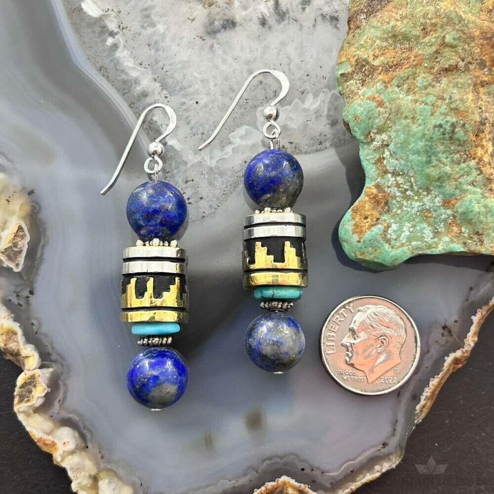 Tommy & Rosita Singer Sterling Lapis,Turquoise Beads Dangle Earrings For Women 1 - Picture 8 of 10